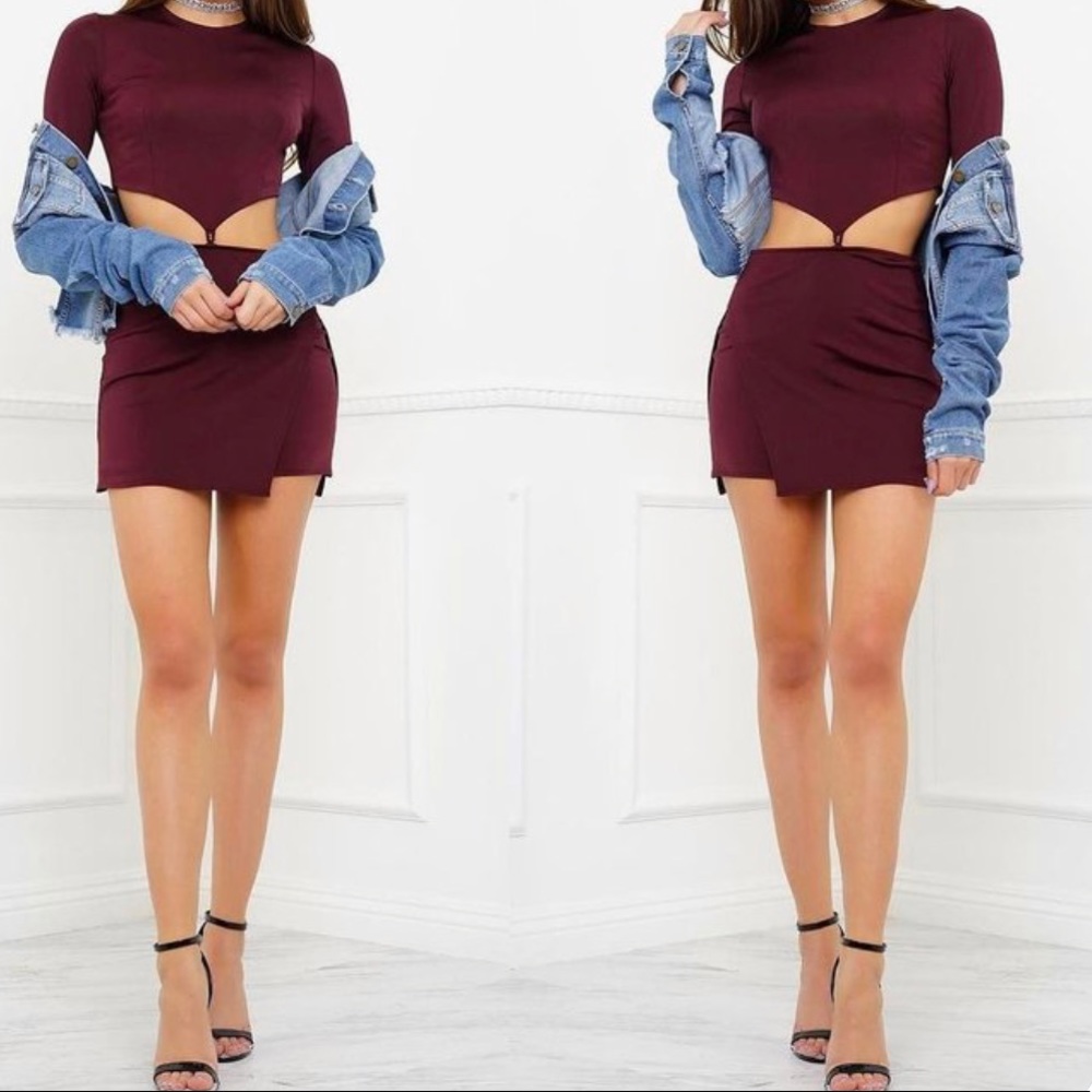 Want My Look Burgundy ‘Val’ Mini Dress Crop Set
